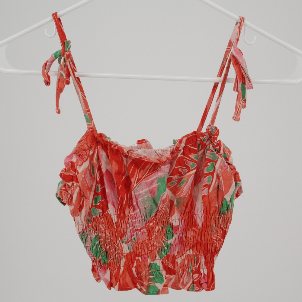 GB Girls Girl's Orange Tropical Smocked Tie Strap Crop Top Size M